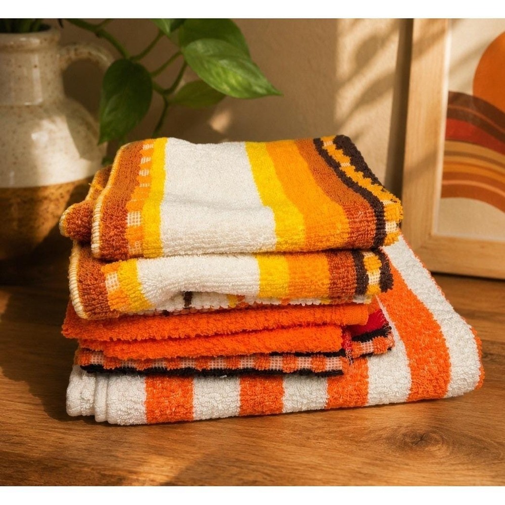 Vintage 1970s Cannon Bath Towel & 6 Washcloths Orange Brown Striped Retro Lot